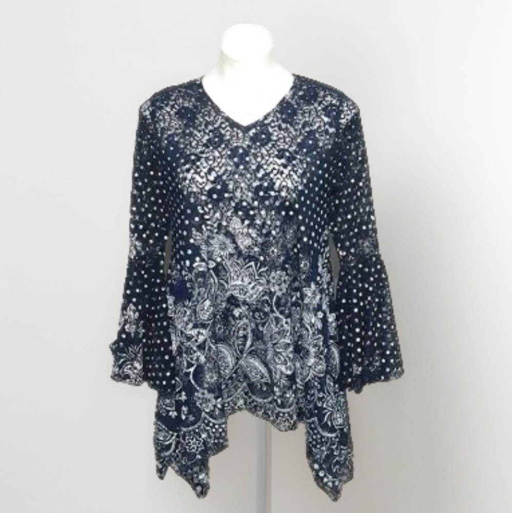 Dor Dor Couture Boho Floral Sheer Bell Sleeve Asymmetrical Tunic Top Medium